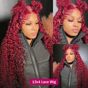 13x4 Burgundy/99J Lace Front Perruques Cheveux Humains Brésilienne Deep Curly - Uwavy