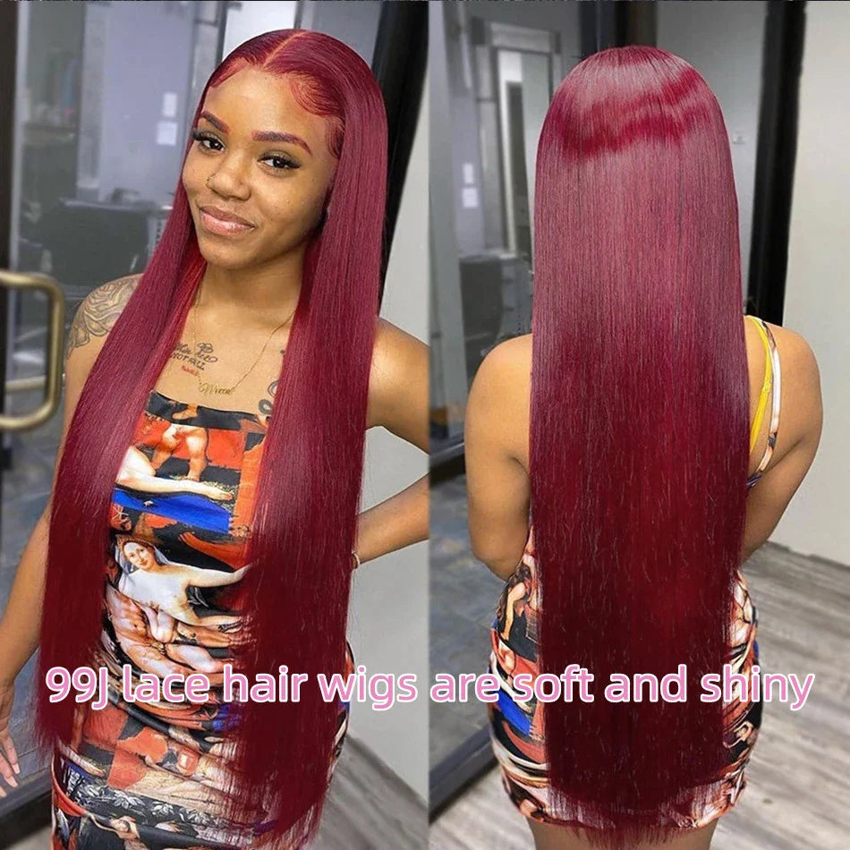 13x4 Burgundy/99J Lace Front Perruques Cheveux Humains Brésilienne Straight - Uwavy