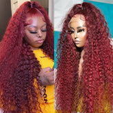 13x4 Burgundy/99J Lace Front Perruques Cheveux Humains Brésilienne Deep Curly