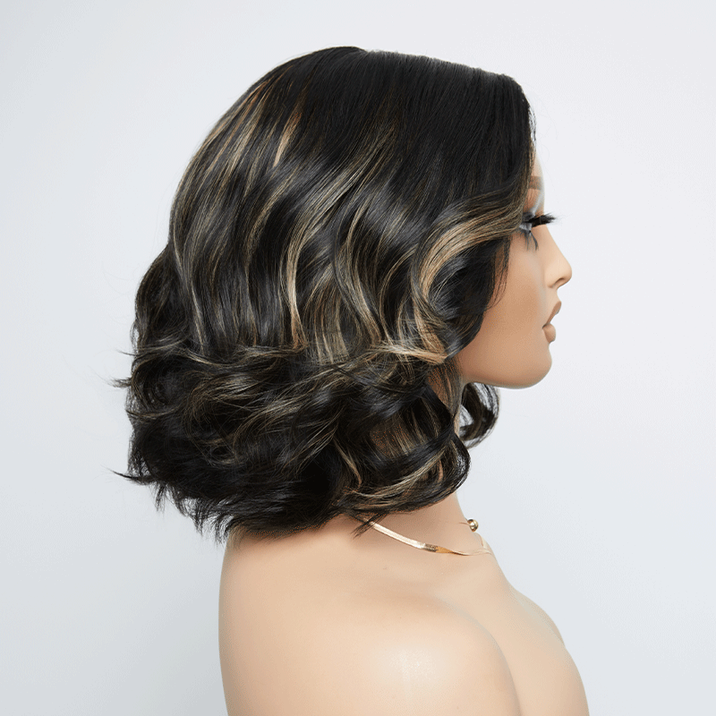 𝑼𝒘𝒂𝒗𝒚 𝑷𝒓𝒆𝒎𝒊𝒖𝒎 𝑳𝒊𝒏𝒆 Confort Glueless Highlight Blonds 7x4 Bob Ondulé Perruque Sans Colle