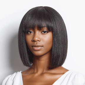 Pour Débutants Glueless Yaki Lisse Bob Perruque Avec Frange Sans Colle