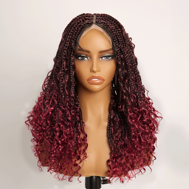 𝑼𝒘𝒂𝒗𝒚 𝑷𝒓𝒆𝒎𝒊𝒖𝒎 𝑳𝒊𝒏𝒆 Perruque Tressée Bohème Couleur Ombre 99J En Dentelle Intégrale Avec Cheveux Bébé Synthétique 300% Densité