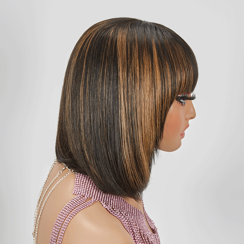 Glueless Couches Highlight Coloré Bob Perruque Sans Colle Avec Frange Lisse