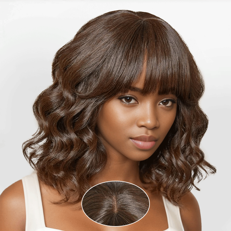 Glueless Couleur Marron Loose Wave Perruque Bob Sans Colle Avec Frange