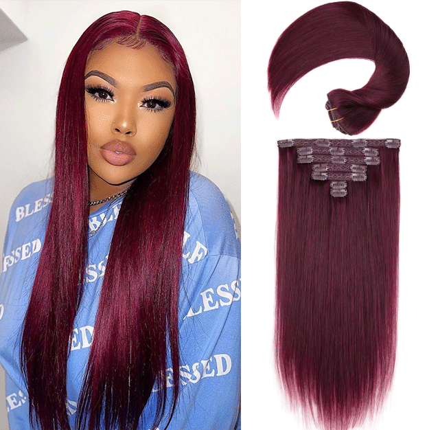 Lisse Extensions Cheveux Clipser En Vrais Cheveux Humains #99j Couleurs Populaires 9 Piece