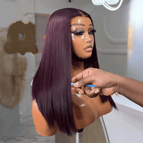 𝑼𝒘𝒂𝒗𝒚 𝑷𝒓𝒆𝒎𝒊𝒖𝒎 𝑳𝒊𝒏𝒆 Soyeux Glueless Couleur Pourpre Foncé 5x5 Nœuds Blanchis Bob Perruque Sans Colle Lisse