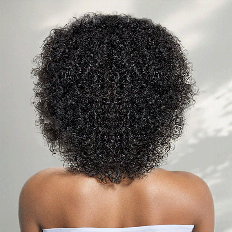 Glueless Coupe Loup Hirsute Bob Perruque Courte Afro Bouclée Sans Colle Avec Franges