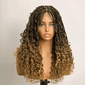 𝑼𝒘𝒂𝒗𝒚 𝑷𝒓𝒆𝒎𝒊𝒖𝒎 𝑳𝒊𝒏𝒆 Perruque Tressée Bohème Ombré Honey Blonde En Dentelle Intégrale Avec Cheveux Bébé Synthétique 300% Densité
