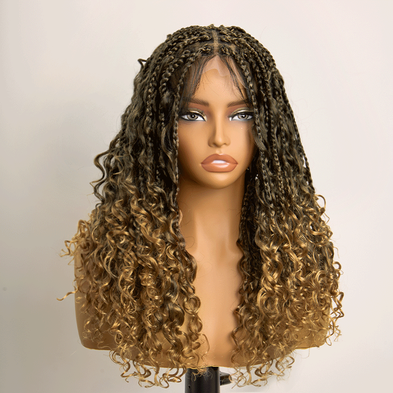 𝑼𝒘𝒂𝒗𝒚 𝑷𝒓𝒆𝒎𝒊𝒖𝒎 𝑳𝒊𝒏𝒆 Perruque Tressée Bohème Ombré Honey Blonde En Dentelle Intégrale Avec Cheveux Bébé Synthétique 300% Densité