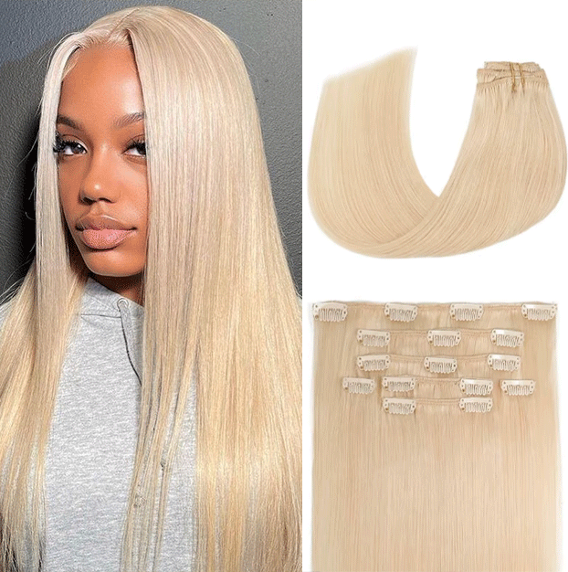 Lisse Extensions Cheveux Clipser En Vrais Cheveux Humains #613 Blond Couleurs Populaires 9 Piece