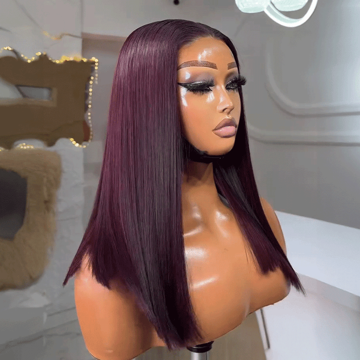 𝑼𝒘𝒂𝒗𝒚 𝑷𝒓𝒆𝒎𝒊𝒖𝒎 𝑳𝒊𝒏𝒆 Soyeux Glueless Couleur Pourpre Foncé 5x5 Nœuds Blanchis Bob Perruque Sans Colle Lisse