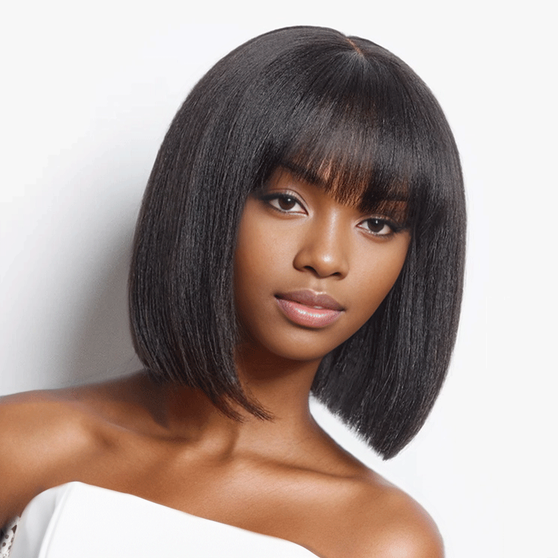 Pour Débutants Glueless Yaki Lisse Bob Perruque Avec Frange Sans Colle