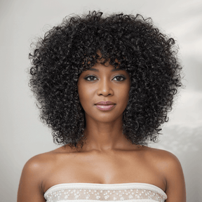 Glueless Coupe Loup Hirsute Bob Perruque Courte Afro Bouclée Sans Colle Avec Franges