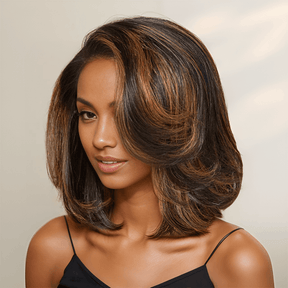 𝑼𝒘𝒂𝒗𝒚 𝑷𝒓𝒆𝒎𝒊𝒖𝒎 𝑳𝒊𝒏𝒆 Glueless Couche Mèches Brune Highlight 7x4 Bob Perruque Sans Colle Ondulé 250% Densité