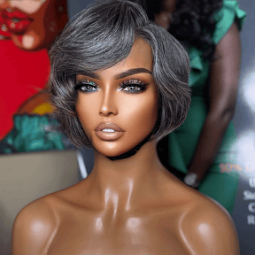 𝑼𝒘𝒂𝒗𝒚 𝑷𝒓𝒆𝒎𝒊𝒖𝒎 𝑳𝒊𝒏𝒆 Patron mature Glueless Couleur Sel Et Poivre 5x5 Nœuds Blanchis Perruque Sans Colle