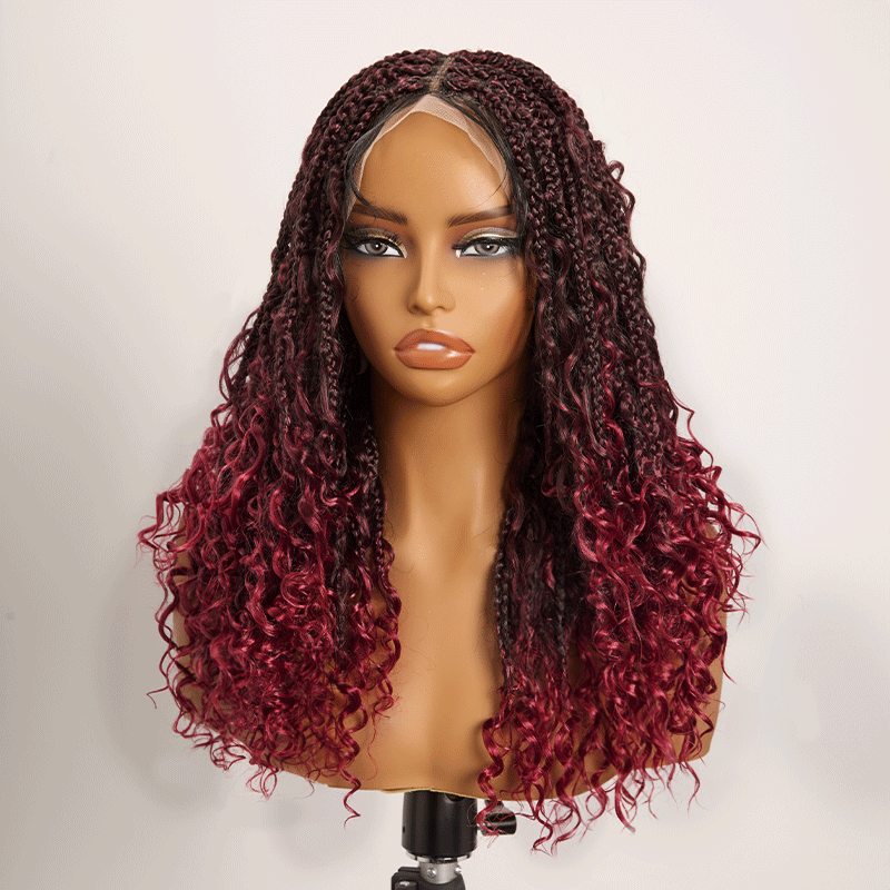 𝑼𝒘𝒂𝒗𝒚 𝑷𝒓𝒆𝒎𝒊𝒖𝒎 𝑳𝒊𝒏𝒆 Perruque Tressée Bohème Couleur Ombre 99J En Dentelle Intégrale Avec Cheveux Bébé Synthétique 300% Densité