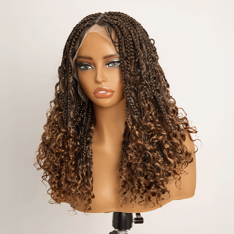 𝑼𝒘𝒂𝒗𝒚 𝑷𝒓𝒆𝒎𝒊𝒖𝒎 𝑳𝒊𝒏𝒆 Perruque Tressée Bohème Ombre Brun En Dentelle Intégrale Avec Cheveux Bébé Synthétique 300% Densité