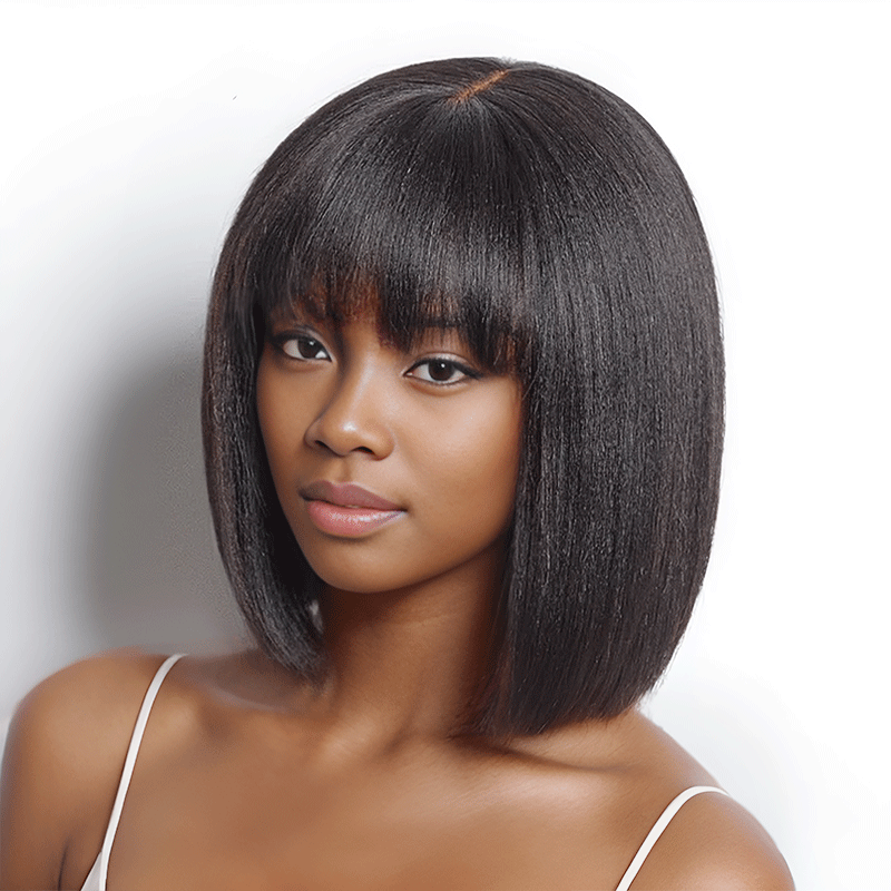 Pour Débutants Glueless Yaki Lisse Bob Perruque Avec Frange Sans Colle