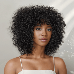 Glueless Coupe Loup Hirsute Bob Perruque Courte Afro Bouclée Sans Colle Avec Franges