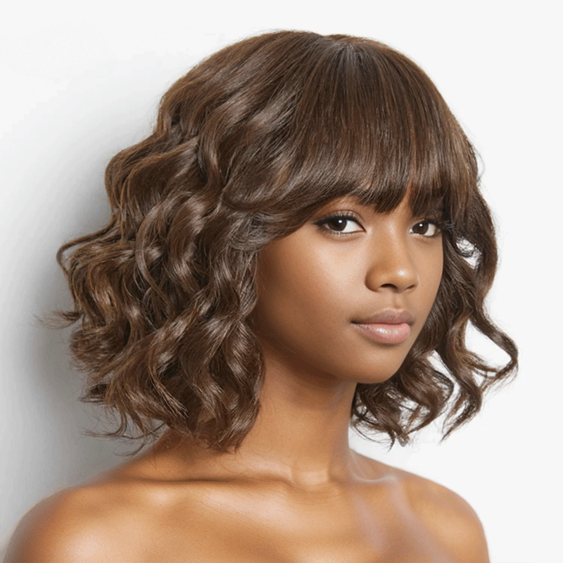 Glueless Couleur Marron Loose Wave Perruque Bob Sans Colle Avec Frange