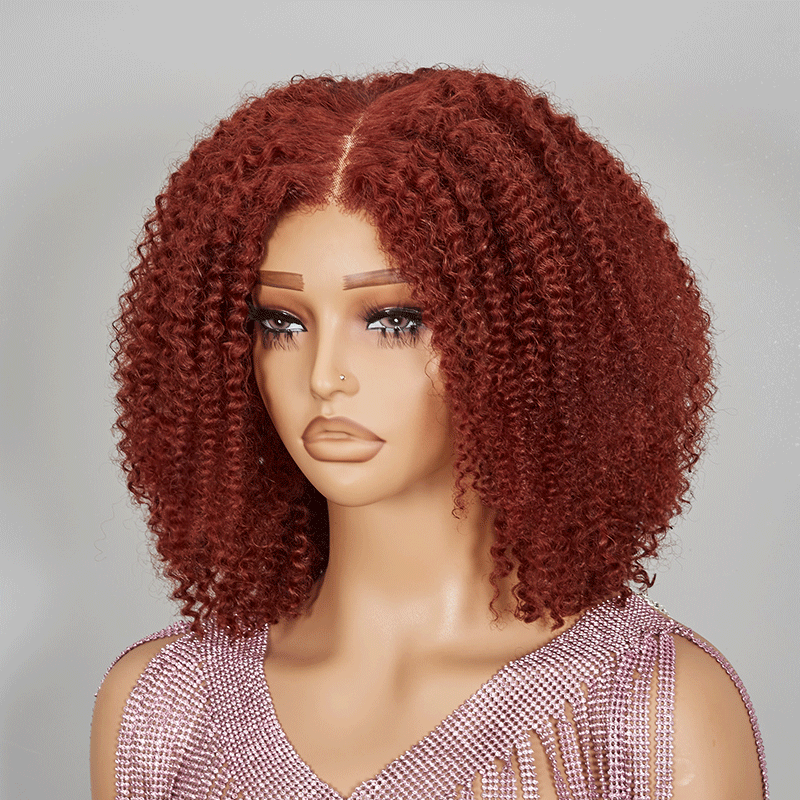 9x6 Glueless Bob Brun Rougeâtre Kinky Curly Perruque Sans Colle