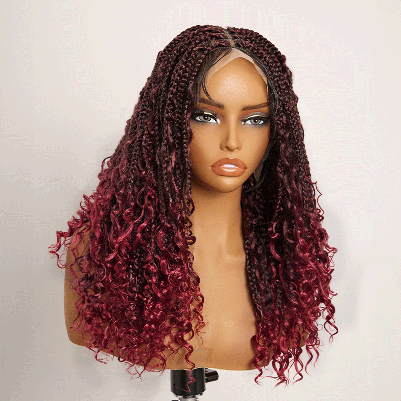 𝑼𝒘𝒂𝒗𝒚 𝑷𝒓𝒆𝒎𝒊𝒖𝒎 𝑳𝒊𝒏𝒆 Perruque Tressée Bohème Couleur Ombre 99J En Dentelle Intégrale Avec Cheveux Bébé Synthétique 300% Densité