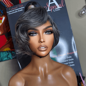 𝑼𝒘𝒂𝒗𝒚 𝑷𝒓𝒆𝒎𝒊𝒖𝒎 𝑳𝒊𝒏𝒆 Patron mature Glueless Couleur Sel Et Poivre 5x5 Nœuds Blanchis Perruque Sans Colle