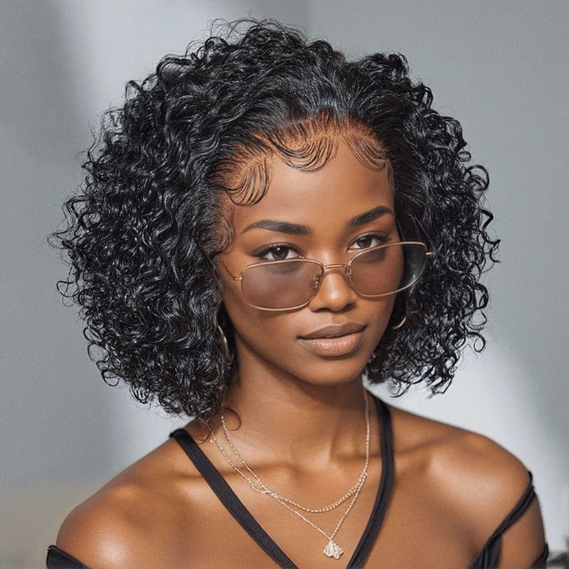 13x4 Glueless Mèches Brunes/Noir Jais Perruque Sans Colle Coupe Courte Bob Vague Bouclée