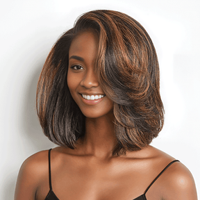 𝑼𝒘𝒂𝒗𝒚 𝑷𝒓𝒆𝒎𝒊𝒖𝒎 𝑳𝒊𝒏𝒆 Glueless Couche Mèches Brune Highlight 7x4 Bob Perruque Sans Colle Ondulé 250% Densité