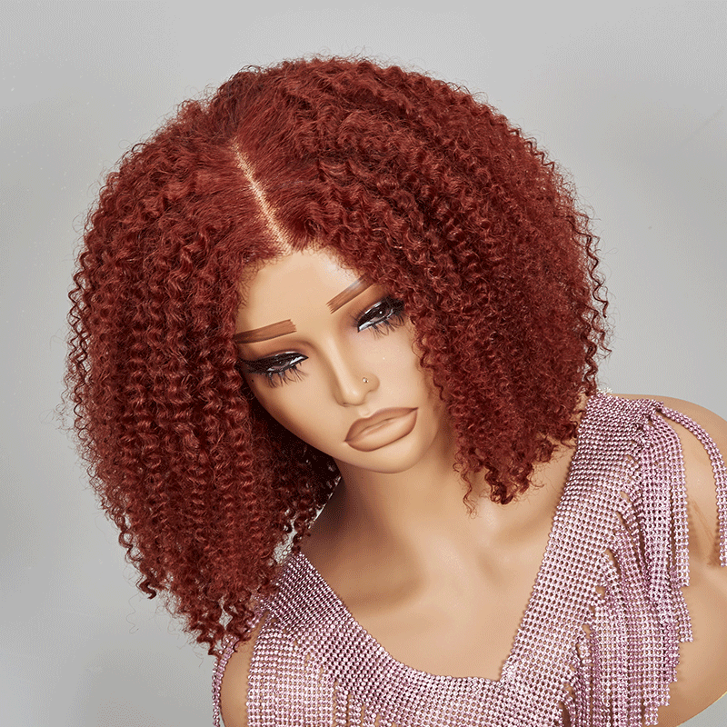 9x6 Glueless Bob Brun Rougeâtre Kinky Curly Perruque Sans Colle