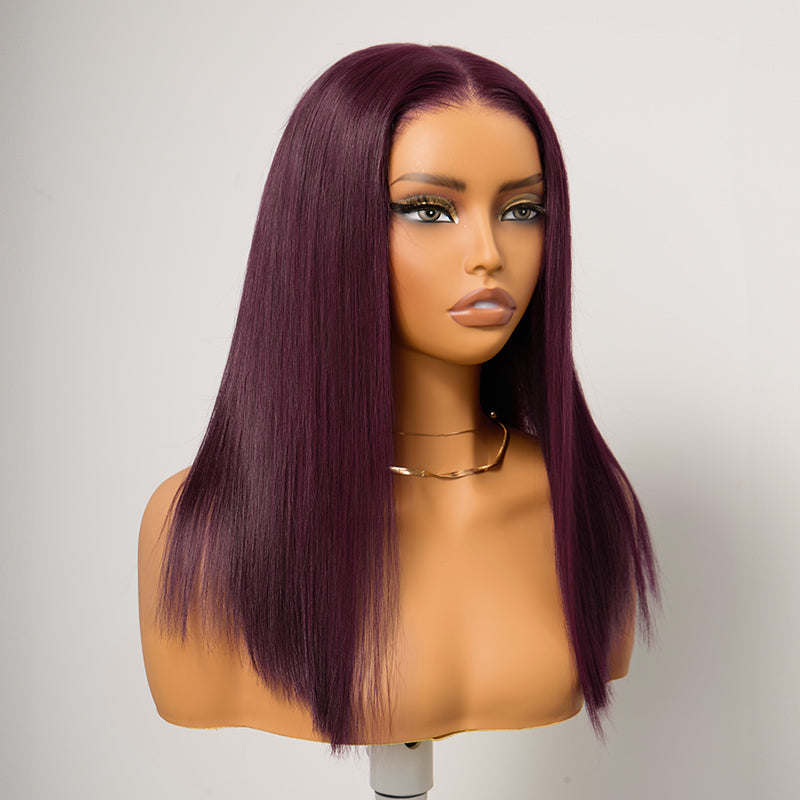 𝑼𝒘𝒂𝒗𝒚 𝑷𝒓𝒆𝒎𝒊𝒖𝒎 𝑳𝒊𝒏𝒆 Soyeux Glueless Couleur Pourpre Foncé 5x5 Nœuds Blanchis Bob Perruque Sans Colle Lisse