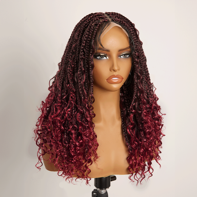 𝑼𝒘𝒂𝒗𝒚 𝑷𝒓𝒆𝒎𝒊𝒖𝒎 𝑳𝒊𝒏𝒆 Perruque Tressée Bohème Couleur Ombre 99J En Dentelle Intégrale Avec Cheveux Bébé Synthétique 300% Densité