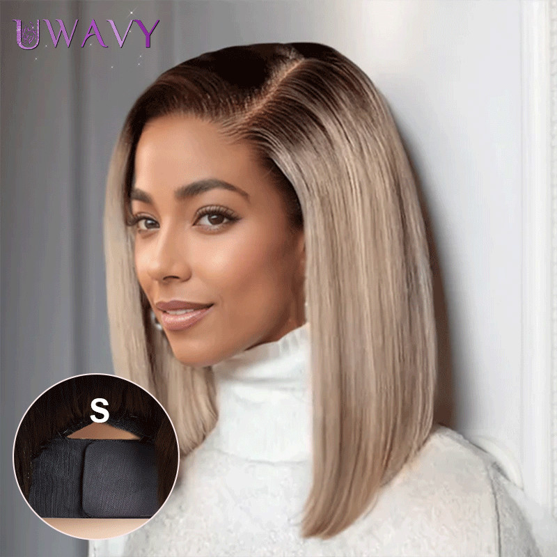 𝑼𝒘𝒂𝒗𝒚 𝑷𝒓𝒆𝒎𝒊𝒖𝒎 𝑳𝒊𝒏𝒆 Perruque Glueless Casquette Maille Réglable 7×4 Rayures Droites Lisse Grises Dégradées Bob Sans Colle