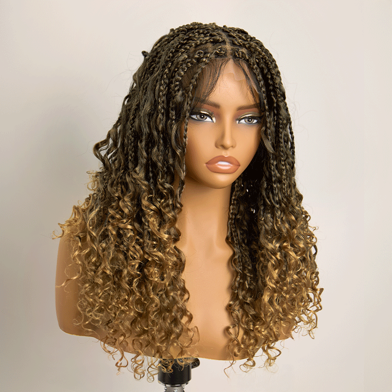 𝑼𝒘𝒂𝒗𝒚 𝑷𝒓𝒆𝒎𝒊𝒖𝒎 𝑳𝒊𝒏𝒆 Perruque Tressée Bohème Ombré Honey Blonde En Dentelle Intégrale Avec Cheveux Bébé Synthétique 300% Densité