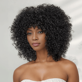 Glueless Coupe Loup Hirsute Bob Perruque Courte Afro Bouclée Sans Colle Avec Franges