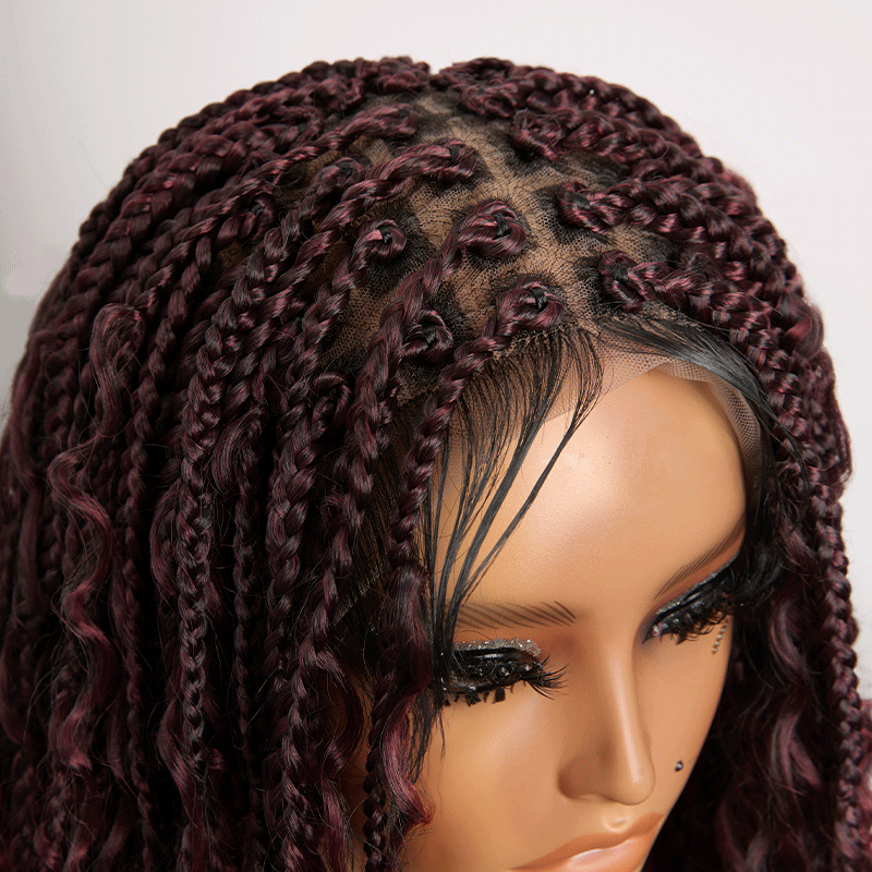 𝑼𝒘𝒂𝒗𝒚 𝑷𝒓𝒆𝒎𝒊𝒖𝒎 𝑳𝒊𝒏𝒆 Perruque Tressée Bohème Couleur Ombre 99J En Dentelle Intégrale Avec Cheveux Bébé Synthétique 300% Densité