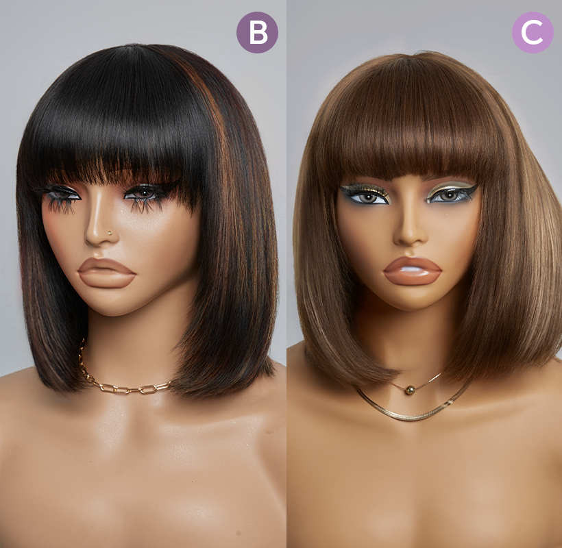 𝟐 𝐅𝐎𝐑 €99💥Diverses Combinaisons Glueless Perruque Noir/Chocolat/99J Frange Bob Lisse
