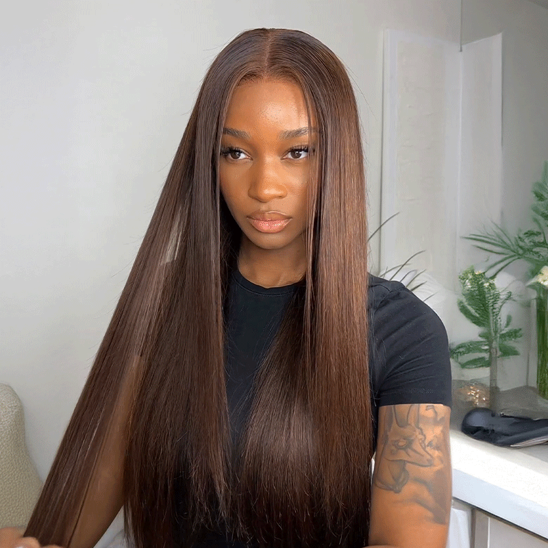 𝑼𝒘𝒂𝒗𝒚 𝑷𝒓𝒆𝒎𝒊𝒖𝒎 𝑳𝒊𝒏𝒆 5X5 Glueless Brun foncé Perruque San Colle Wear Go Cheveux Humains Lisse