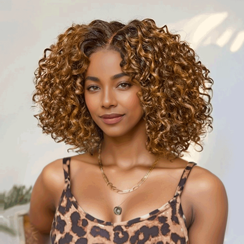 𝑼𝒘𝒂𝒗𝒚 𝑷𝒓𝒆𝒎𝒊𝒖𝒎 𝑳𝒊𝒏𝒆 Glueless Bob Couleur Mèches Ombre Marron/Noir 4×4 Perruque Sans Colle Bouclé