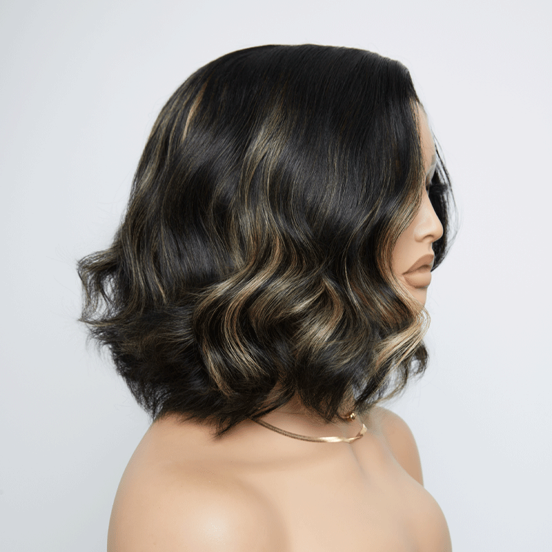 𝑼𝒘𝒂𝒗𝒚 𝑷𝒓𝒆𝒎𝒊𝒖𝒎 𝑳𝒊𝒏𝒆 Confort Glueless Highlight Blonds 7x4 Bob Ondulé Perruque Sans Colle