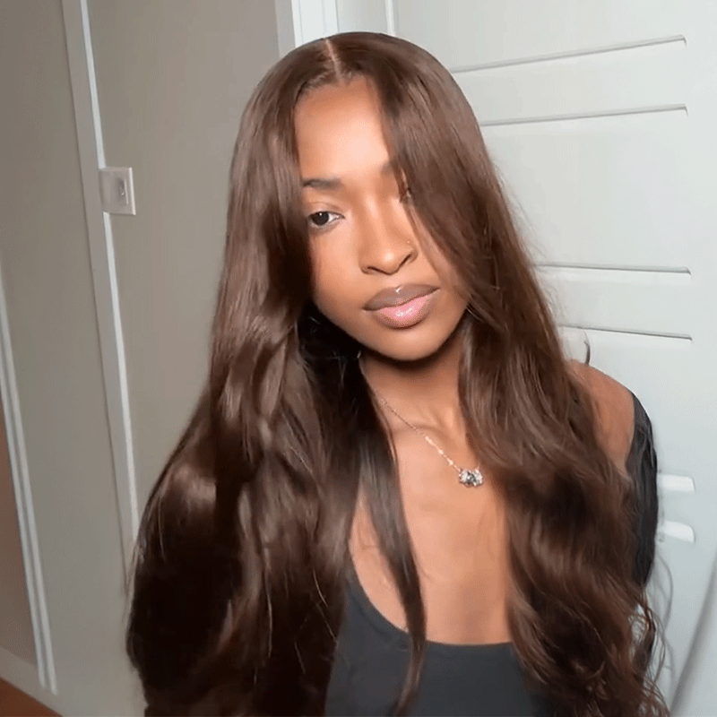 𝑼𝒘𝒂𝒗𝒚 𝑷𝒓𝒆𝒎𝒊𝒖𝒎 𝑳𝒊𝒏𝒆 Respirant &Agréable Couleur Brun foncé 5x5 Dentelle Perruque Body Wave 250% Densité