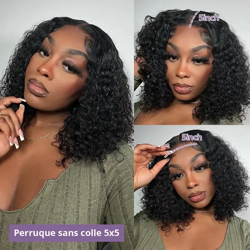 5X5 Glueless Bob Perruque Sans Colle Wear Go Cheveux Humains Bouclés - Uwavy