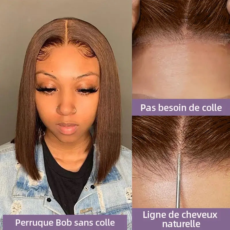 5X5 Glueless Brun chocolat Bob Perruque Sans Colle Wear Go Cheveux Humains Lisse - Uwavy