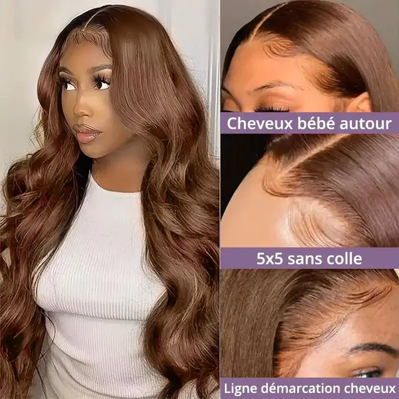 5X5 Glueless Brun Chocolat Perruque Sans Colle Wear Go Body wave - Uwavy