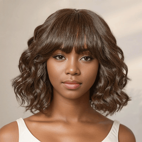 Glueless Couleur Marron Loose Wave Perruque Bob Sans Colle Avec Frange