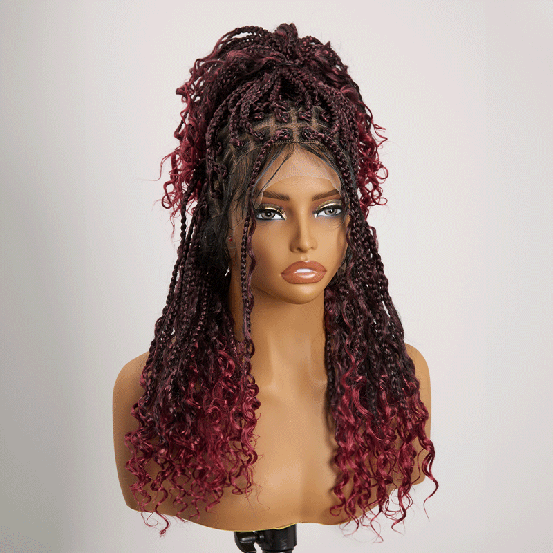 𝑼𝒘𝒂𝒗𝒚 𝑷𝒓𝒆𝒎𝒊𝒖𝒎 𝑳𝒊𝒏𝒆 Perruque Tressée Bohème Couleur Ombre 99J En Dentelle Intégrale Avec Cheveux Bébé Synthétique 300% Densité