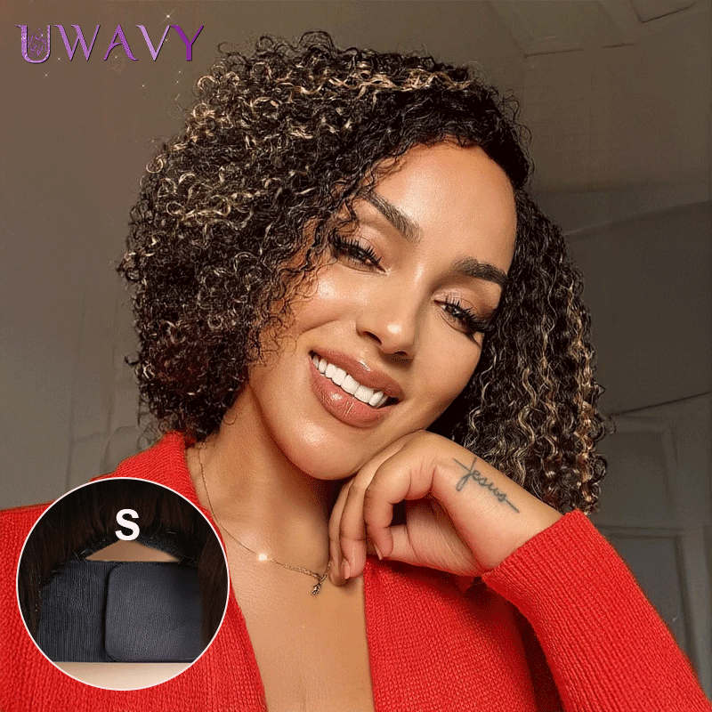𝑼𝒘𝒂𝒗𝒚 𝑷𝒓𝒆𝒎𝒊𝒖𝒎 𝑳𝒊𝒏𝒆 C Partie Glueless 7x4 Séparation Naturelle Sans Colle Classique Blond Miel Highlight Bob Kinky Curly