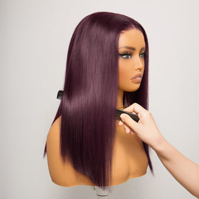 𝑼𝒘𝒂𝒗𝒚 𝑷𝒓𝒆𝒎𝒊𝒖𝒎 𝑳𝒊𝒏𝒆 Soyeux Glueless Couleur Pourpre Foncé 5x5 Nœuds Blanchis Bob Perruque Sans Colle Lisse