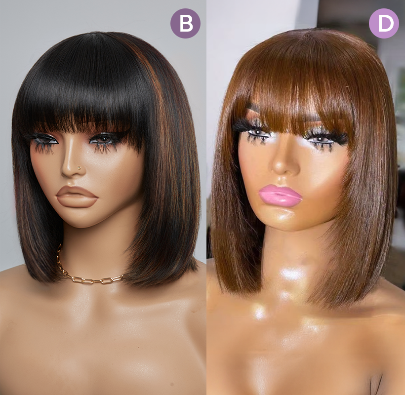 𝟐 𝐅𝐎𝐑 €99💥Diverses Combinaisons Glueless Perruque Noir/Chocolat/99J Frange Bob Lisse
