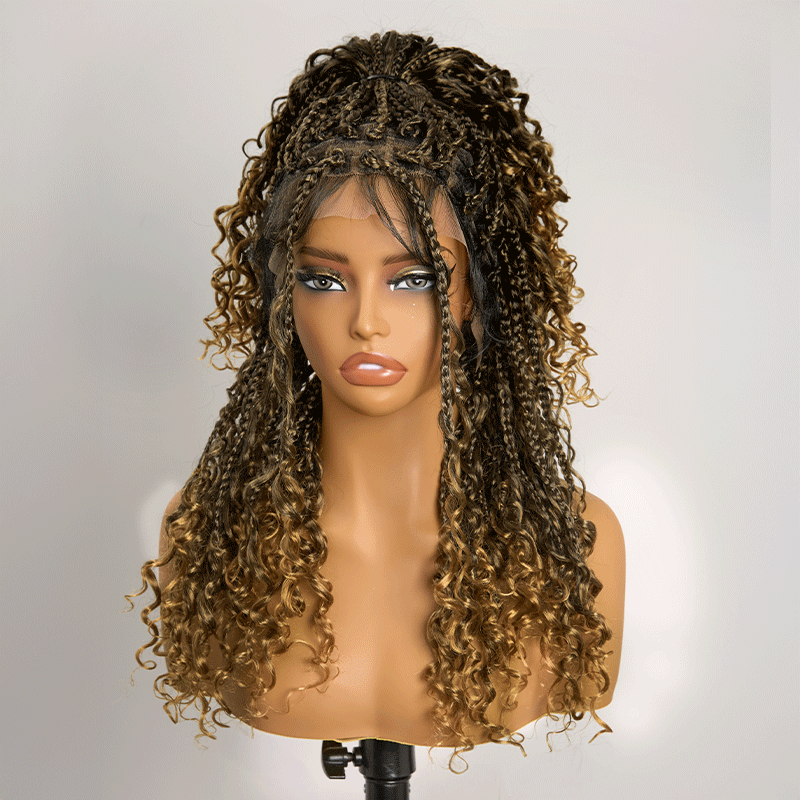 𝑼𝒘𝒂𝒗𝒚 𝑷𝒓𝒆𝒎𝒊𝒖𝒎 𝑳𝒊𝒏𝒆 Perruque Tressée Bohème Ombré Honey Blonde En Dentelle Intégrale Avec Cheveux Bébé Synthétique 300% Densité
